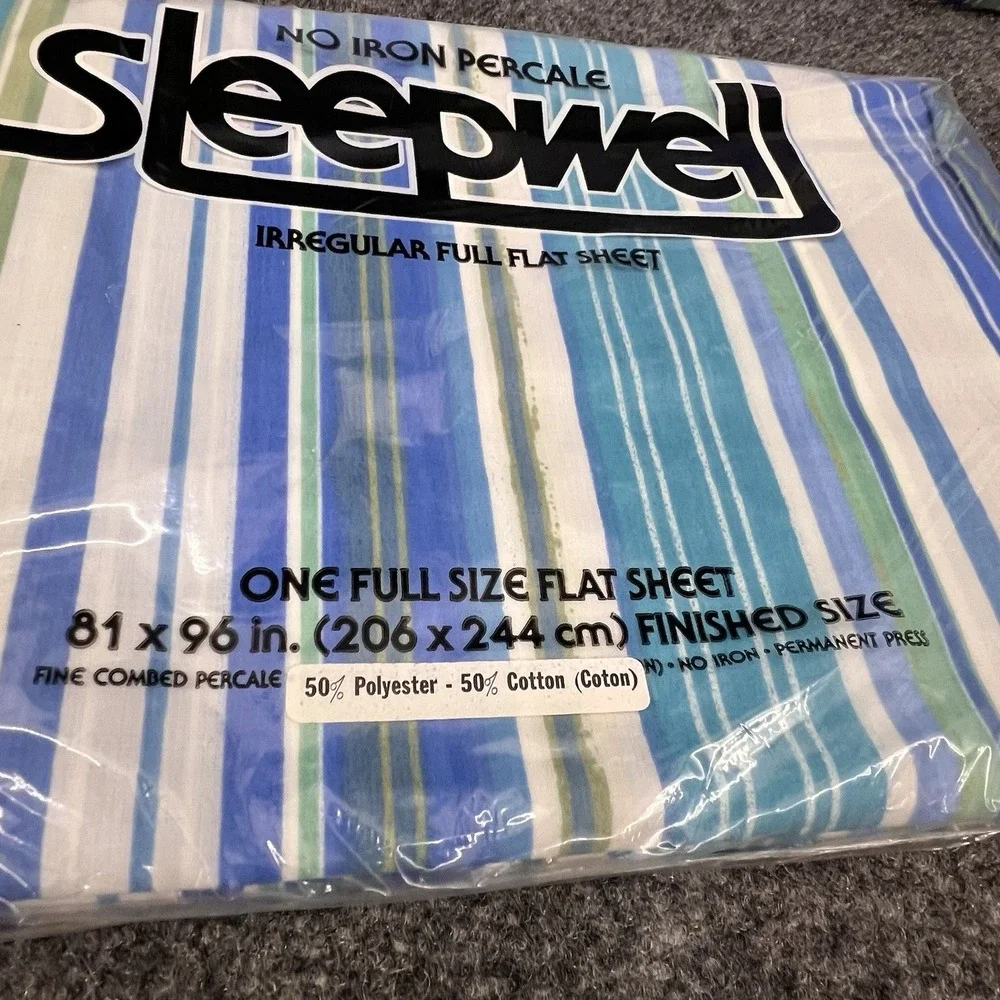 Full Size New Vintage Sheet Set Blue & White Stripes Sleepwell Fitted Flat Cases